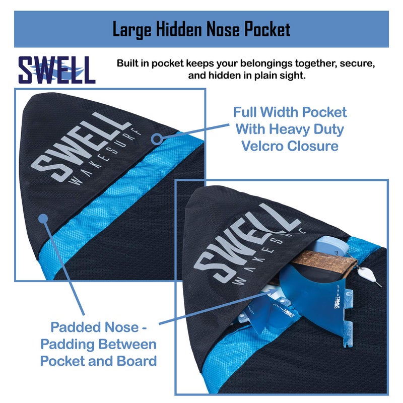 SWELL Wakesurf - Adjustable Length Wakesurf Board Sock with Padded Nose and Pocket - Wakeboard Cover - One Size Fits All Surfboard Bag (Pointed Nose - Blue) - Image 4